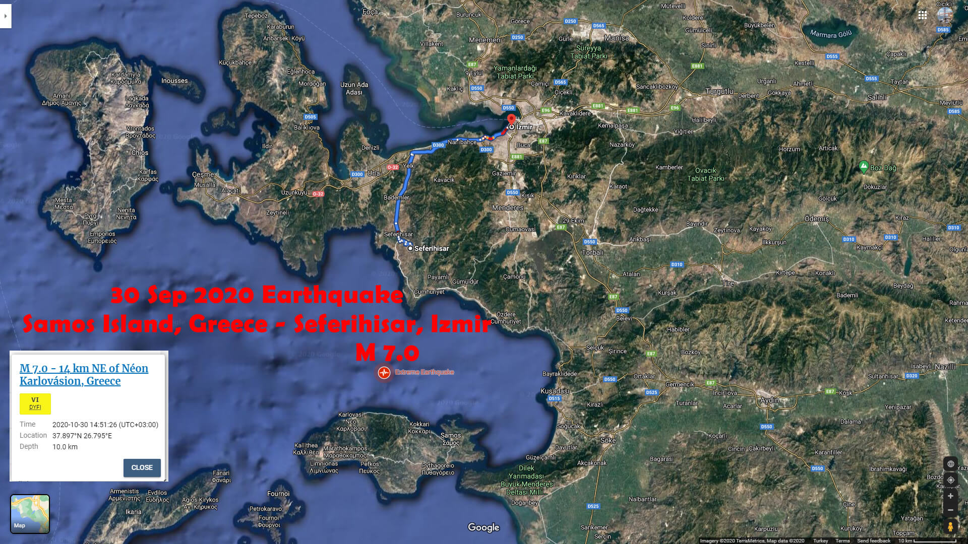 Samos Yunanistan - Seferihisar Izmir - Sep 30 Depremi Uydu Haritasi